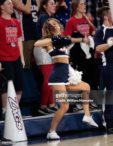 Cheerleader performs for the Gonzaga Bulldogs in the game against the Saint Mary's Gaels at McCarthey Athletic Center on January 18, 2018 in Spokane,...