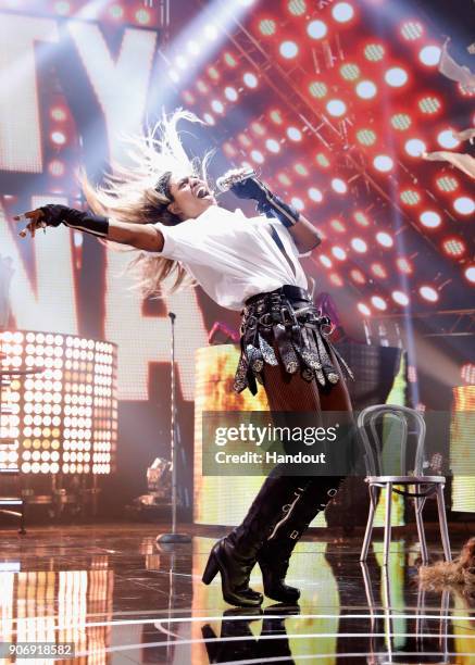 In this handout photo provided by Paramount Network Laverne Cox performs onstage during Lip Sync Battle Live: A Michael Jackson Celebration at Dolby...