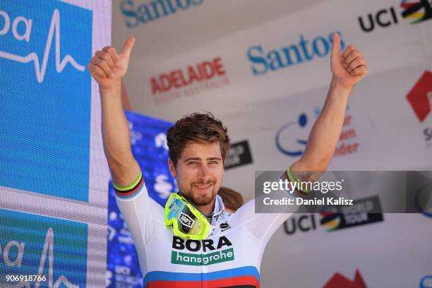 Peter Sagan of Slovakia and Bora-Hansgrohe celebrates on the podium after winning during stage four of the 2018 Tour Down Under on January 19, 2018...