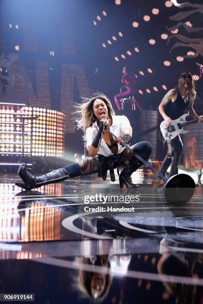 In this handout photo provided by Paramount Network Laverne Cox performs onstage during Lip Sync Battle Live: A Michael Jackson Celebration at Dolby...