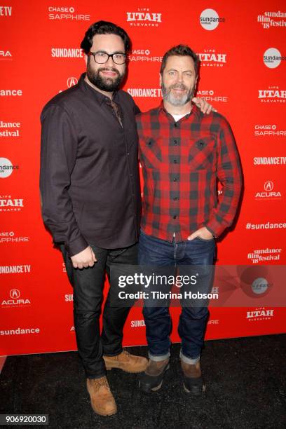 Director Brett Haley and Actor Nick Offerman attend the Volunteer Screening Of "Hearts Beat Loud" Premiere during the 2018 Sundance Film Festival at...