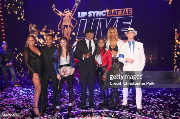 Co-host Chrissy Teigen, John Legend, LSB champion Hailee Steinfeld, co-host LL Cool J, Taraji P. Henson, Laverne Cox and Neil Patrick Harris pose...