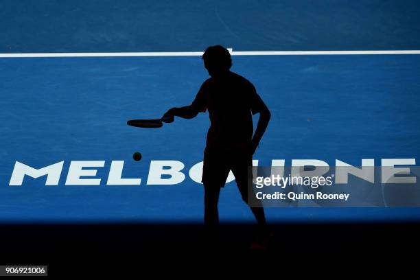 Silhouette of Andrey Rublev of Russia in his third round match against Grigor Dimitrov of Bulgaria on day five of the 2018 Australian Open at...