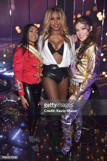 Taraji P. Henson, Laverne Cox and Hailee Steinfeld pose backstage during Lip Sync Battle Live: A Michael Jackson Celebration at Dolby Theatre on...