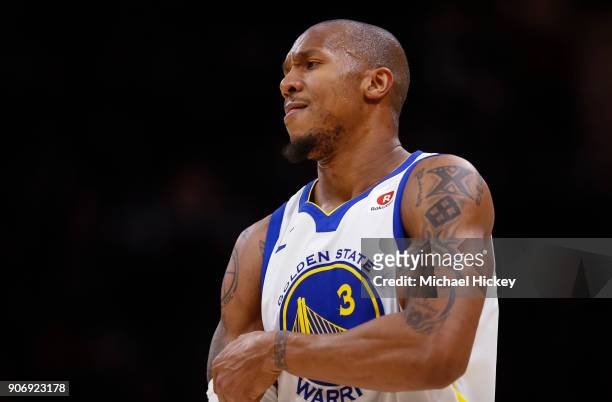 David West of the Golden State Warriors is seen during the game against the Cleveland Cavaliers at Quicken Loans Arena on January 15, 2018 in...