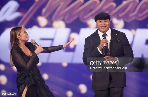 Chrissy Teigen and LL Cool J speak onstage during Lip Sync Battle Live: A Michael Jackson Celebration at Dolby Theatre on January 18, 2018 in...