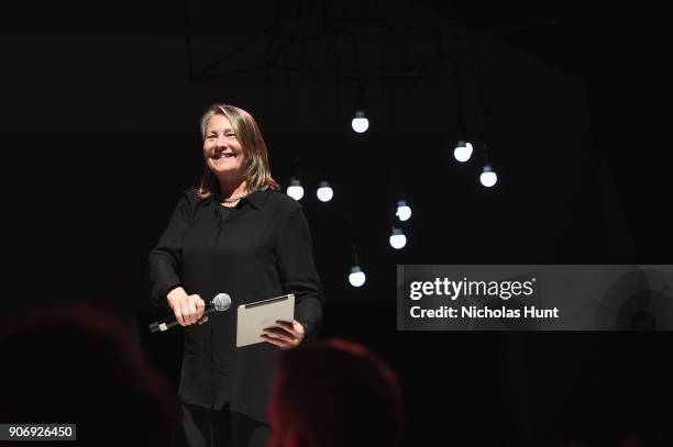 Actress Cherry Jones speaks onstage during An Artist at the Table Cocktail Reception and Dinner during the 2018 Sundance Film Festival at DeJoria...