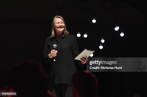 Actress Cherry Jones speaks onstage during An Artist at the Table Cocktail Reception and Dinner during the 2018 Sundance Film Festival at DeJoria...
