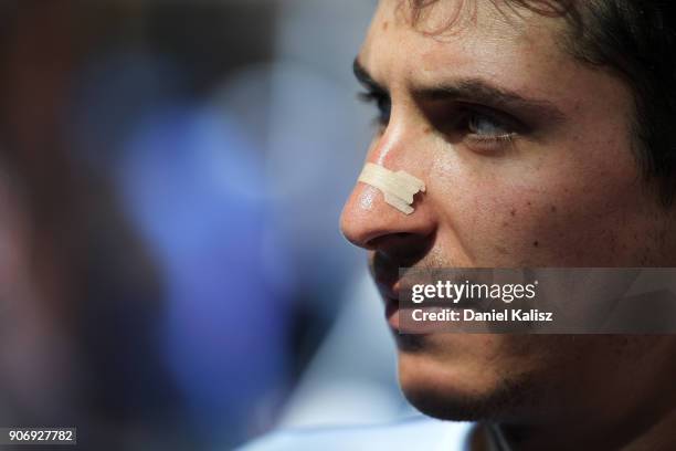 Lachlan Morton of Australia and Team Dimension Data looks on prior to stage four of the 2018 Tour Down Under on January 19, 2018 in Adelaide,...