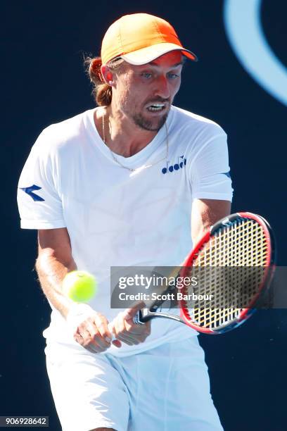 Alexandr Dolgopolov of Ukraine plays a backhand in his third round match against Diego Schwartzman of Argentina on day five of the 2018 Australian...