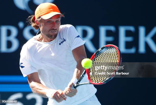 Alexandr Dolgopolov of Ukraine plays a backhand in his third round match against Diego Schwartzman of Argentina on day five of the 2018 Australian...