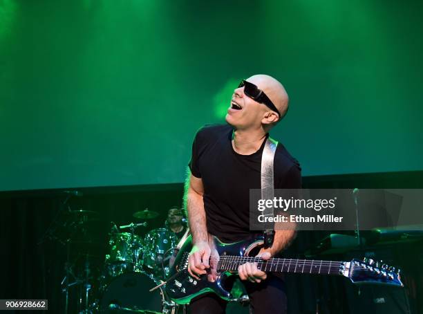 Guitarist Joe Satriani performs as part of the G3 concert tour at Brooklyn Bowl Las Vegas at The Linq Promenade on January 17, 2018 in Las Vegas,...