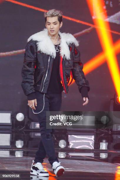 Singer Kris Wu performs on the stage during 2017 Weibo Awards Ceremony at National Aquatics Center on January 18, 2018 in Beijing, China.