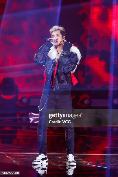 Singer Kris Wu performs on the stage during 2017 Weibo Awards Ceremony at National Aquatics Center on January 18, 2018 in Beijing, China.