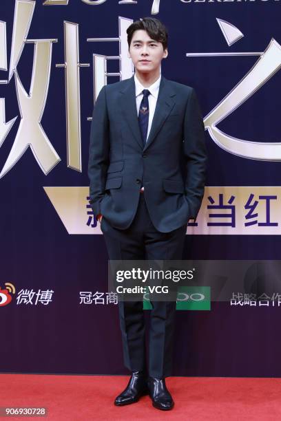 Actor Li Yifeng poses on the red carpet of 2017 Weibo Awards Ceremony at National Aquatics Center on January 18, 2018 in Beijing, China.