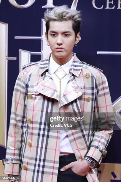 Singer Kris Wu poses on the red carpet of 2017 Weibo Awards Ceremony at National Aquatics Center on January 18, 2018 in Beijing, China.