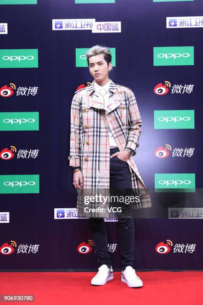 Singer Kris Wu poses on the red carpet of 2017 Weibo Awards Ceremony at National Aquatics Center on January 18, 2018 in Beijing, China.