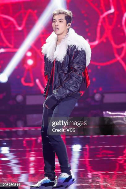 Singer Kris Wu performs on the stage during 2017 Weibo Awards Ceremony at National Aquatics Center on January 18, 2018 in Beijing, China.