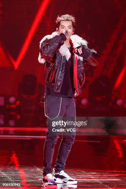 Singer Kris Wu performs on the stage during 2017 Weibo Awards Ceremony at National Aquatics Center on January 18, 2018 in Beijing, China.