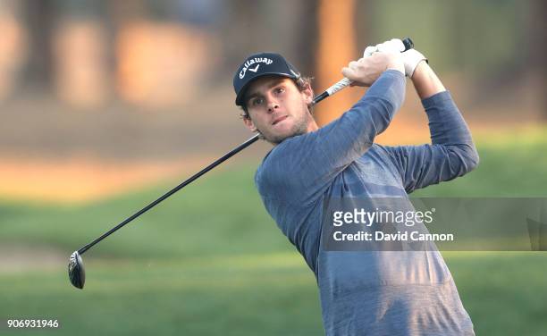 Thomas Pieters of Belgium plays his second shot on the par 5, 10th hole during the second round of the 2018 Abu Dhabi HSBC Golf Championship at the...