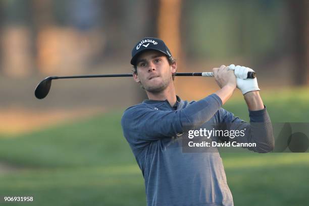 Thomas Pieters of Belgium plays his second shot on the par 5, 10th hole during the second round of the 2018 Abu Dhabi HSBC Golf Championship at the...