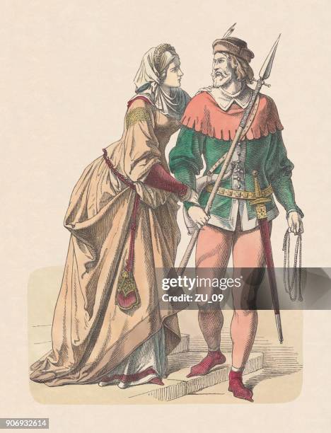 german nobility: castle women and knight as hunter, 14th century - noblesville stock illustrations