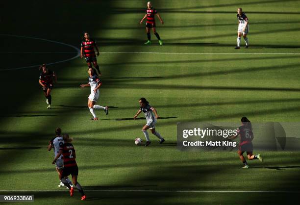 Christina Gibbons of the Victory controls the ball during the round 12 W-League match between the Western Sydney Wanderers and the Melbourne Victory...