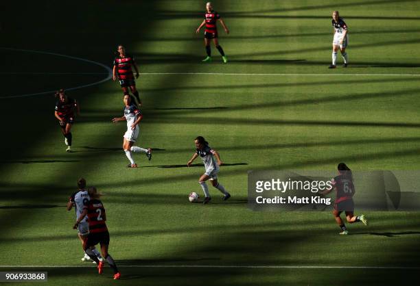 Christina Gibbons of the Victory controls the ball during the round 12 W-League match between the Western Sydney Wanderers and the Melbourne Victory...