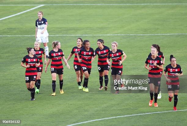 Rasamee Phonsongkham of the Wanderers celebrates with team mates after scoring a goal during the round 12 W-League match between the Western Sydney...