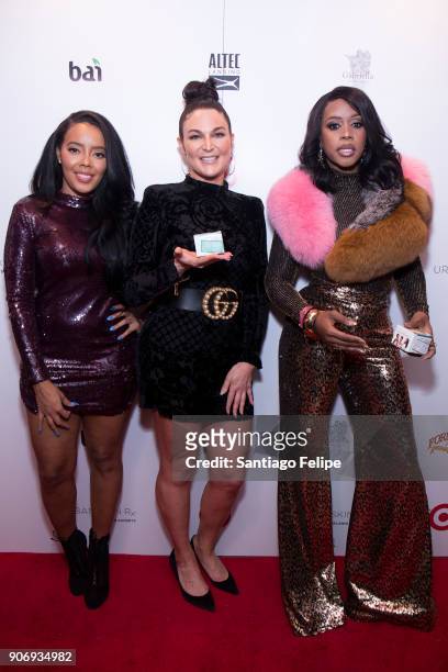Angela Simmons, Rachel Roff and Remmy Ma attend the launch of Urban Skin RX on January 18, 2018 in New York City.