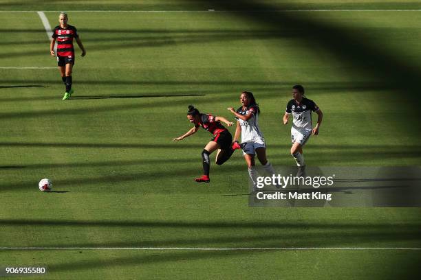 Lo'eau LaBonta of the Wanderers is challenged by Gulcan Koca of the Victory during the round 12 W-League match between the Western Sydney Wanderers...