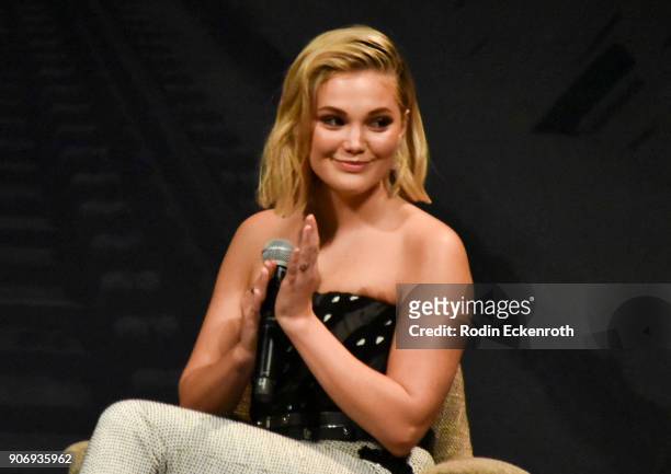 Actress Olivia Holt of "Marvel's Cloak & Dagger" speaks on stage at Freeform Summit on January 18, 2018 in Hollywood, California.