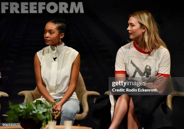 Actress Yara Shahidi of "Grown-Ish" , and model Karlie Kloss at Freeform Summit on January 18, 2018 in Hollywood, California.