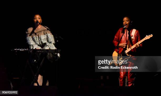 Chloe x Halle perform on stage at Freeform Summit on January 18, 2018 in Hollywood, California.