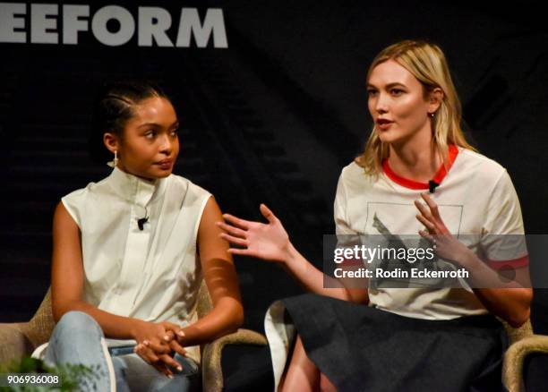 Actress Yara Shahidi of "Grown-Ish" , and model Karlie Kloss speak on stage at Freeform Summit on January 18, 2018 in Hollywood, California.