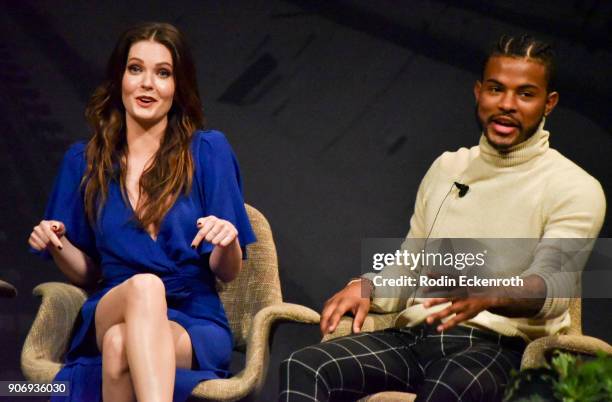 Meghann Fahy and Trevor Jackson speak on stage at Freeform Summit on January 18, 2018 in Hollywood, California.