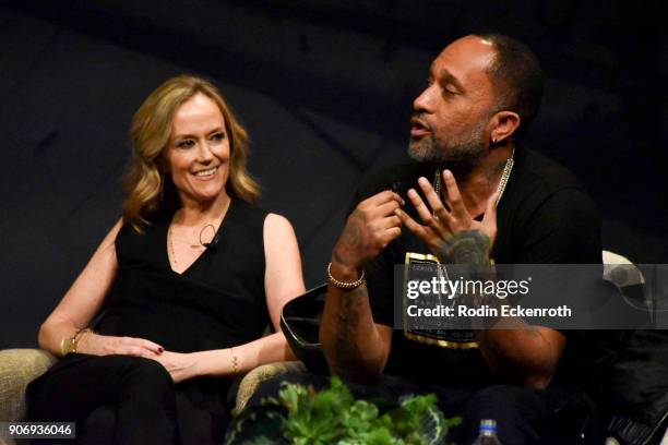 Karey Burke and Kenya Barris speak on stage at Freeform Summit on January 18, 2018 in Hollywood, California.