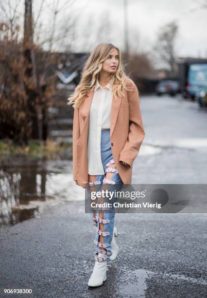 Xenia van der Woodsen wearing beige blazer jackett, denim jeans is seen outside Marina Hoermanseder during the Berlin Fashion Week January 2018 on...