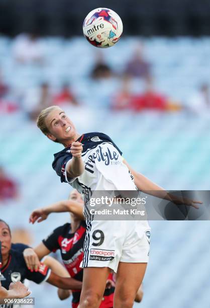 Natasha Dowie of the Victory heads the ball during the round 12 W-League match between the Western Sydney Wanderers and the Melbourne Victory at ANZ...