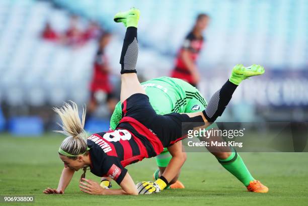 Erica Halloway of the Wanderers collides with Victory goalkeeper Casey Dumont during the round 12 W-League match between the Western Sydney Wanderers...