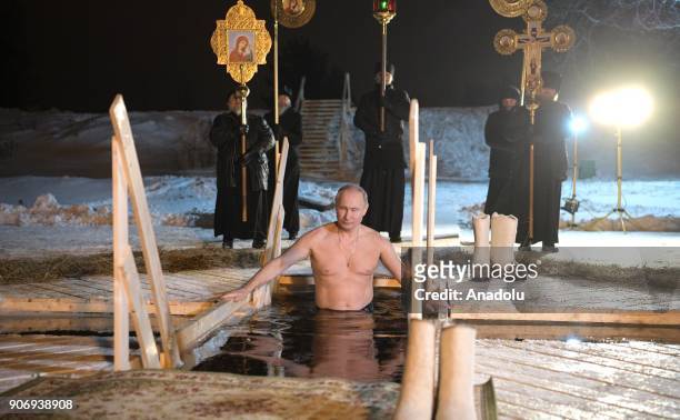Russia's President Vladimir Putin dips in the icy waters of Lake Seliger during the celebration of Epiphany in Tver Region, Russia on January 19 ,...