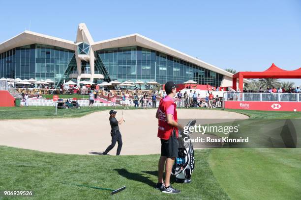 Thomas Pieters of Belgium holes out from the bunker on the ninth hole during round two of the Abu Dhabi HSBC Golf Championship at Abu Dhabi Golf Club...