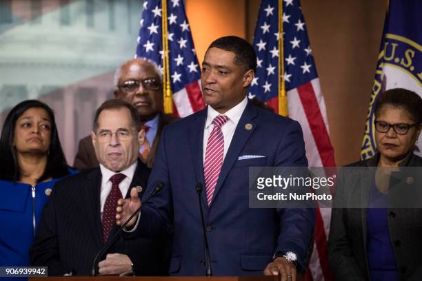 Rep. Cedric Richmond speaks at the podium, with Rep. Jerry Nadler, CBC and Judiciary Deomocrats by his side, as they introduced a resolution to...