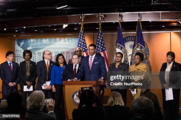 Rep. Cedric Richmond speaks at the podium, with Rep. Jerry Nadler, CBC and Judiciary Deomocrats by his side, as they introduced a resolution to...