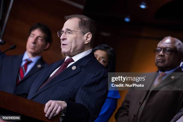 Rep. Jerry Nadler speaks with Reps Cedric Richmond, CBC and Judiciary Deomocrats by his side, as they introduced a resolution to censure President...