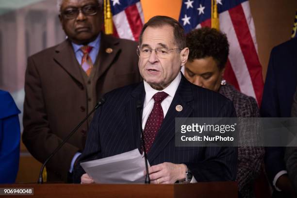 Rep. Jerry Nadler speaks with Reps Cedric Richmond, CBC and Judiciary Deomocrats by his side, as they introduced a resolution to censure President...