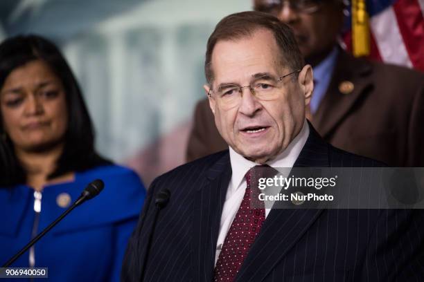 Rep. Jerry Nadler speaks with Reps Cedric Richmond, CBC and Judiciary Deomocrats by his side, as they introduced a resolution to censure President...