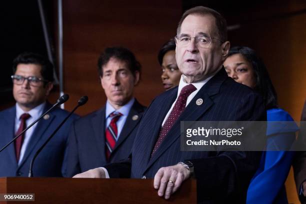 Rep. Jerry Nadler speaks with Reps Cedric Richmond, CBC and Judiciary Deomocrats by his side, as they introduced a resolution to censure President...