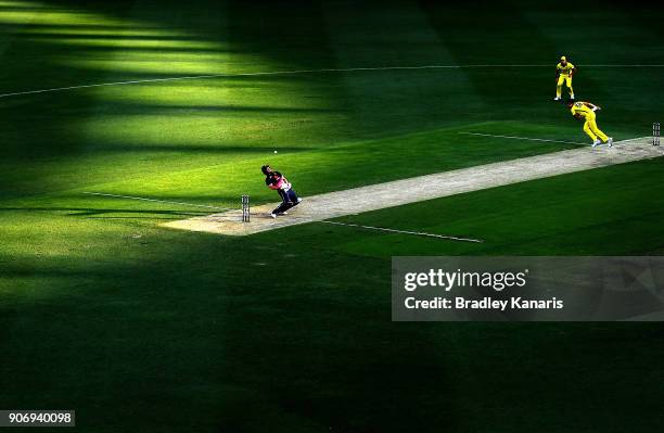 Jonny Bairstow of England ducks a bouncer from Mitchell Starc of Australia during game two of the One Day International series between Australia and...