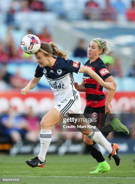 Kristen McNabb of the Victory heads the ball away during the round 12 W-League match between the Western Sydney Wanderers and the Melbourne Victory...